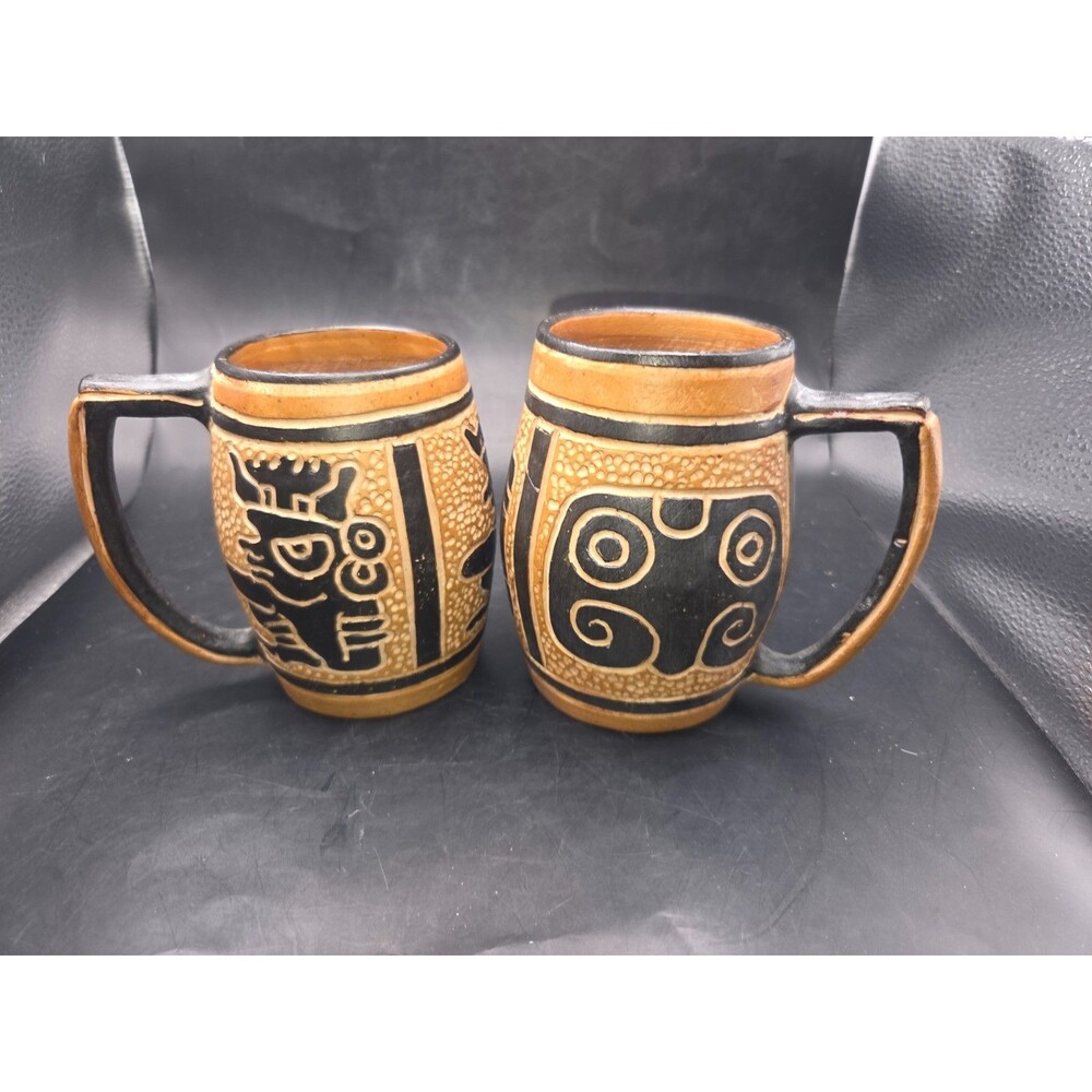 Lot of 2 Mesoamerican Folk Art Pottery Mugs All Over Design